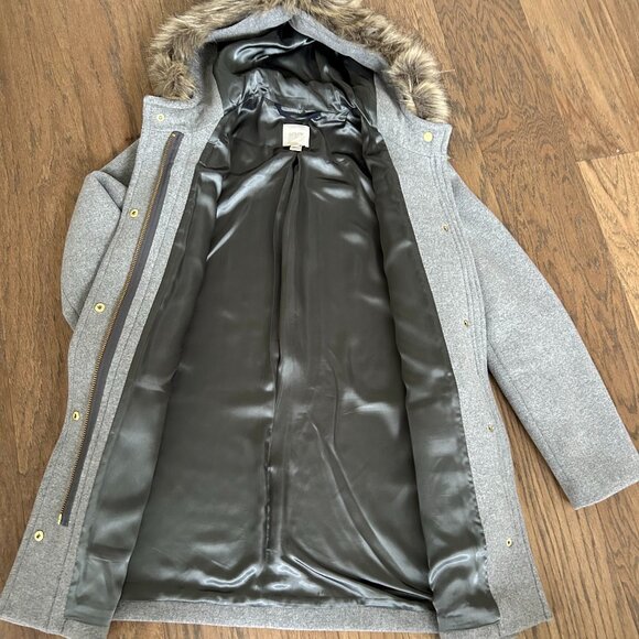 J. Crew Factory Gray Pea Coat with Faux Fur Trim - Picture 4 of 7